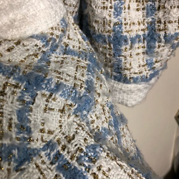 Sister Jane Blazer Cardigan Metallic Blue Tweed Plaid Long Bejeweled V Neck S - Picture 11 of 14